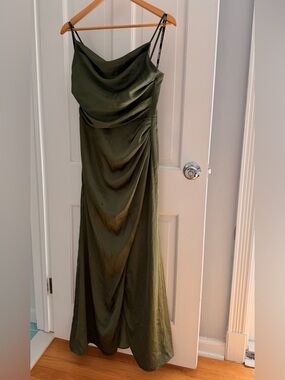 Birdy Grey Olive Green Satin Cowl Maxi Dress